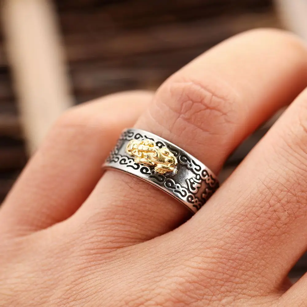 تميمة بوذية الذهب/الفضة Pixiu قابل للتعديل فنغ شوي مجوهرات خواتم محظوظة