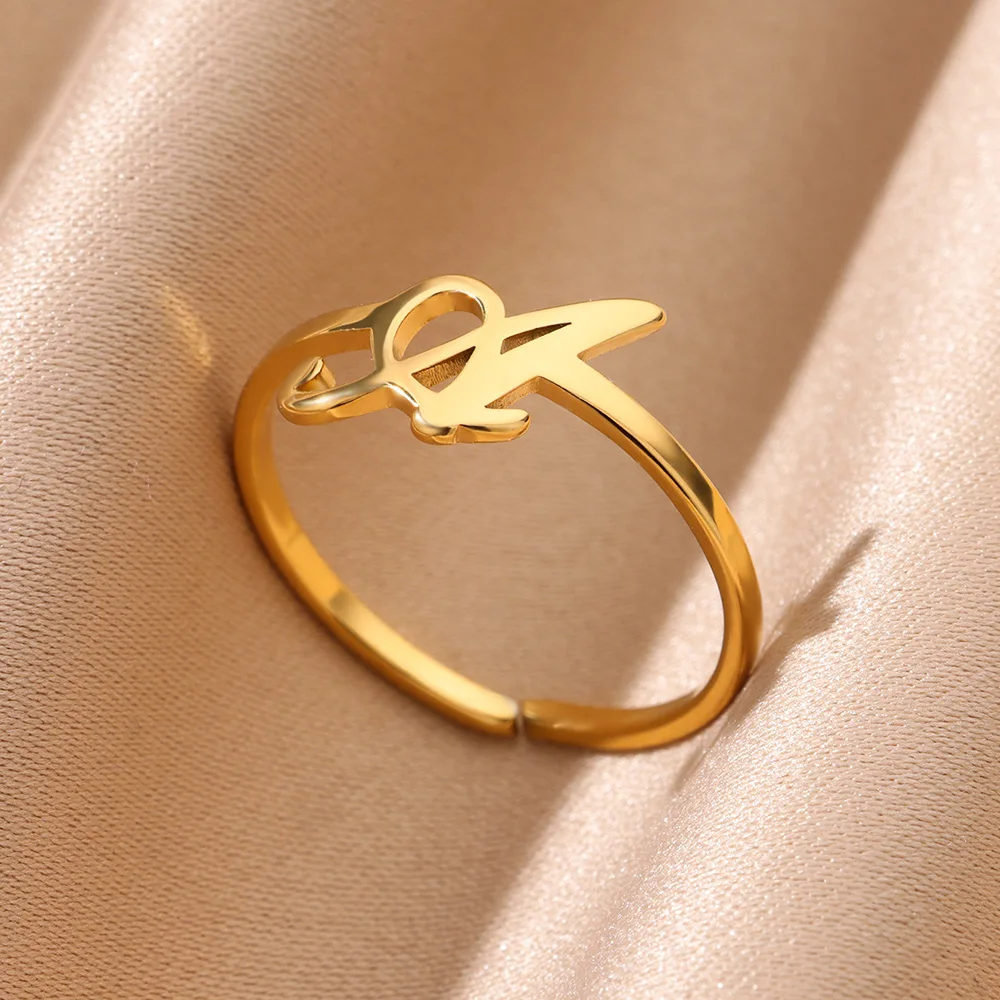 Initial Letter Rings for Women, Gold Color Adjustable A-Z Ring