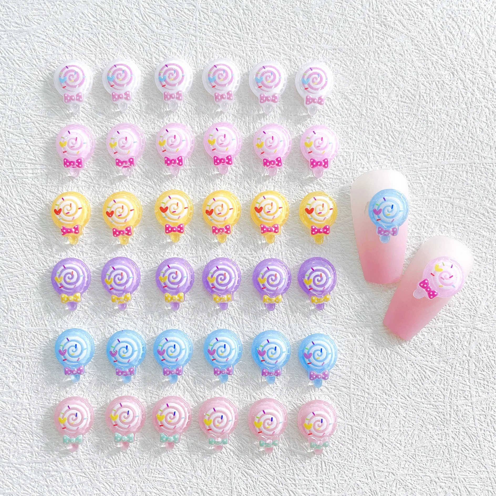 10Pcs Kawaii Colorful Bow Lollipop Nail Charms Cartoon 3D Acrylic  Manicure Accessories 9.5*13MM Wavy Dot Candy Nails Art Decors