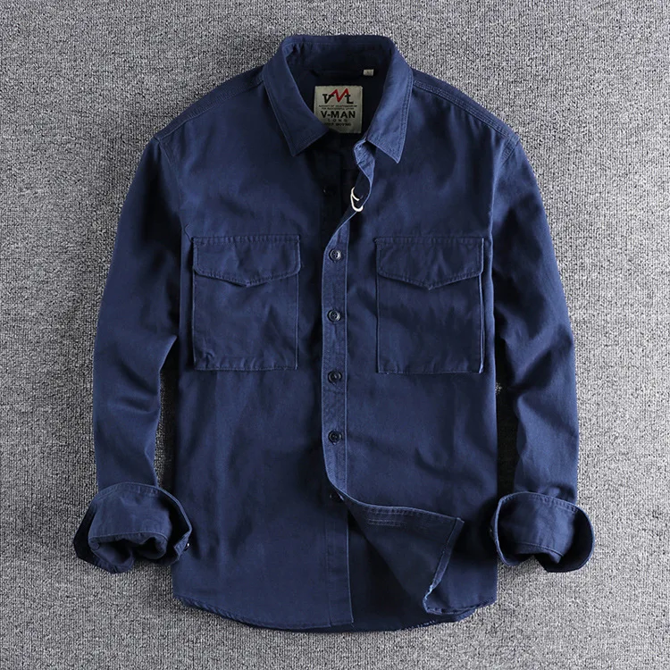 Men's Work Clothes Large Pocket Vintage Washed Old Long Sleeved Shirt Loose Fit Autumn and Winter Daily Versatile Youth Shirt