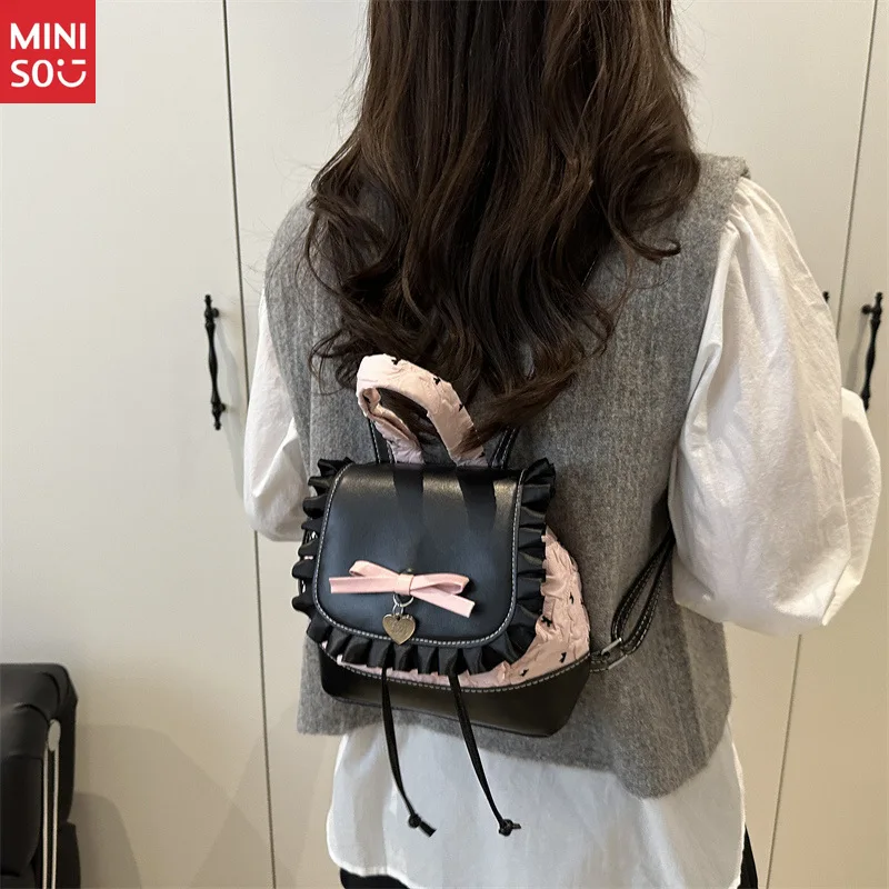 حقيبة ظهر من الدانتيل من Miniso 2025 للنساء، حقيبة يد لطيفة على شكل فيونكة وحقيبة كتف، عصرية وبسيطة