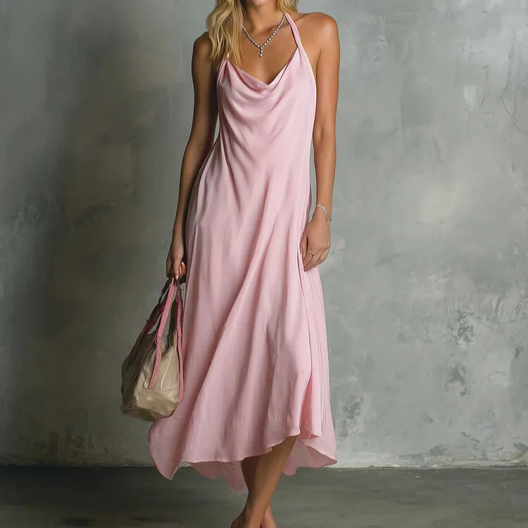 

2026 European and American new minimalist casual style sleeveless swing collar solid color chiffon mid length skirt