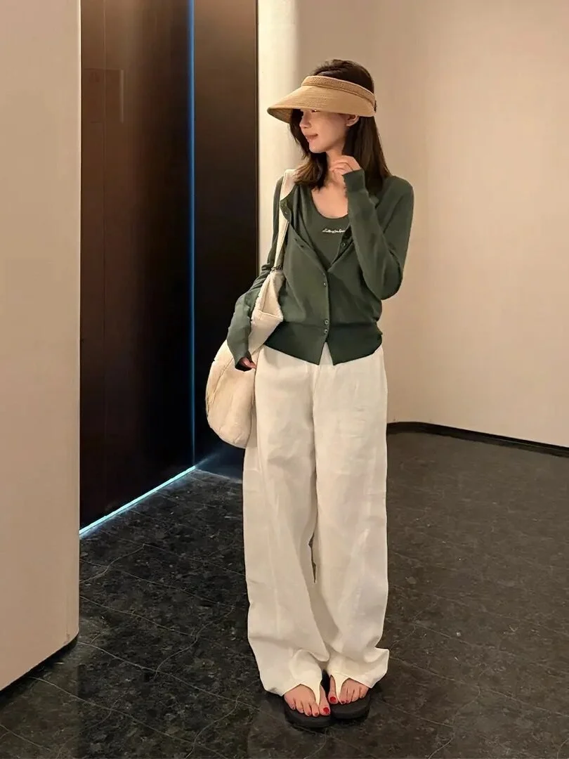 

COCOZONE Linen Two-Piece Set 2026 Early Spring Lazy Knitted Top Casual Style Long Sleeve Regular Length Button Closure