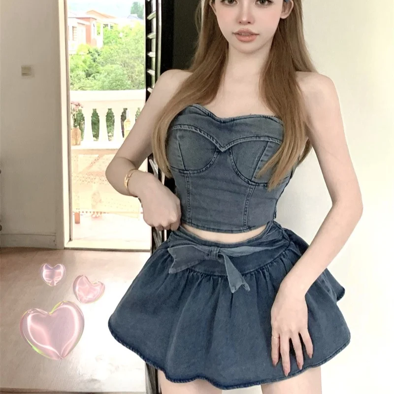 

Summer Sexy Retro Denim Wrap Top Short Outerwear Vest Women's Puffy Skirt Pants Two-Piece Set Korean Style Commute Fashion