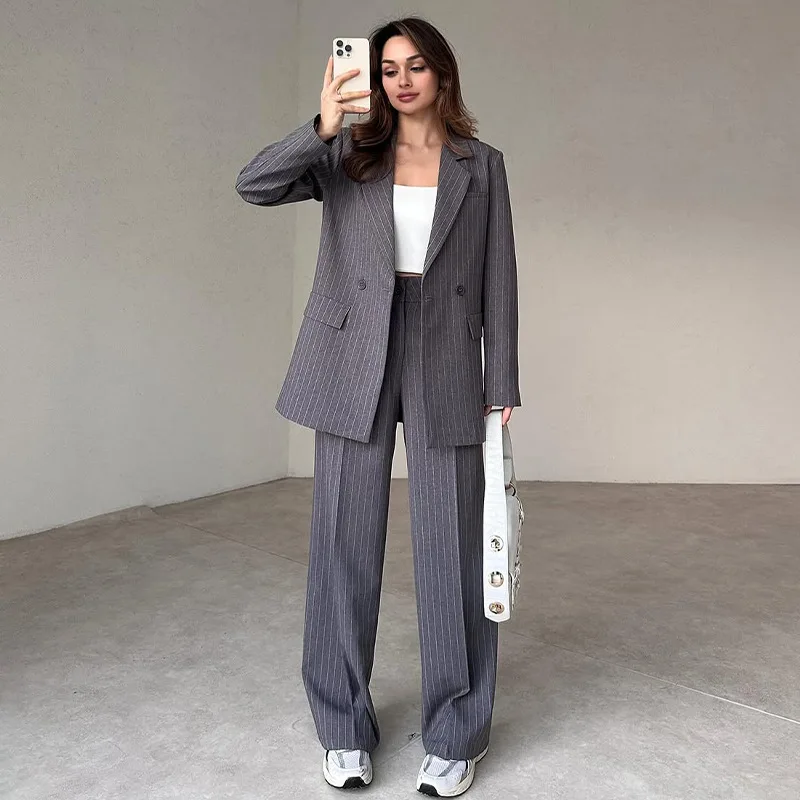 2025 Autumn and Winter Hot Selling New Dark Striped Personalized Design Suit Top and Pants Two-piece Set