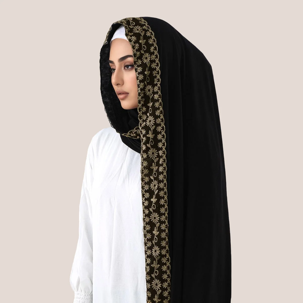 Spitze Stickerei Baumwolle Jersey Muslimischen Hijab Langen Schal Frauen Kopf Wraps Schal Turban Eid Soild Stirnband Malaysia Tudung 170*60 cm