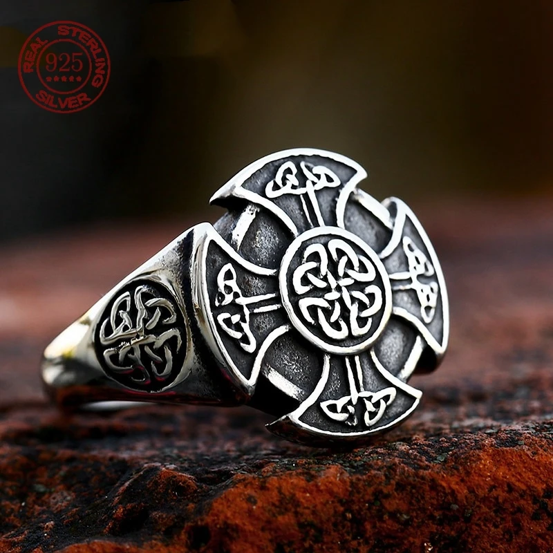 

Celtic Knot Viking Cross Men Rings S925 Sterling Silver Jewelry Punk Rock Cool Fashion Accessories For Women Creativity Gift