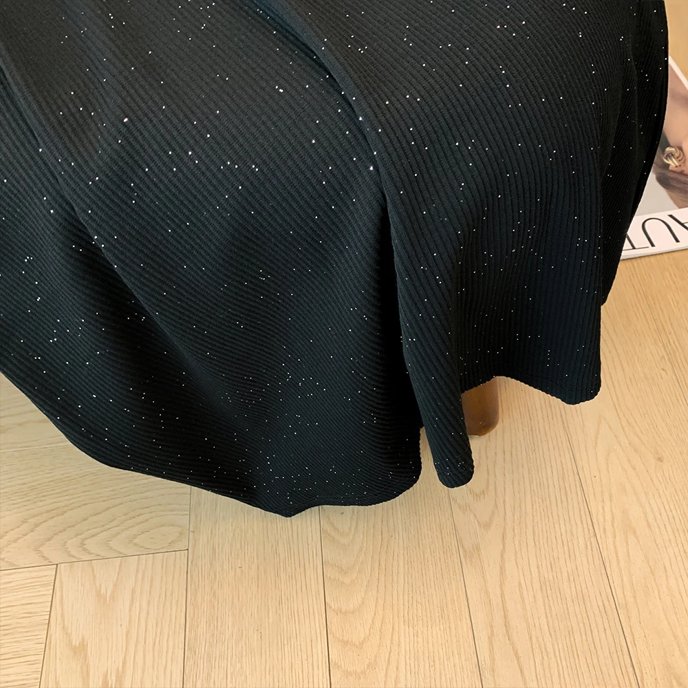 Plus-size donna autunno casual abito in maglia tinta unita girocollo fessura fondo paillettes decorazione semplice gonna MIDI abbinata 2024