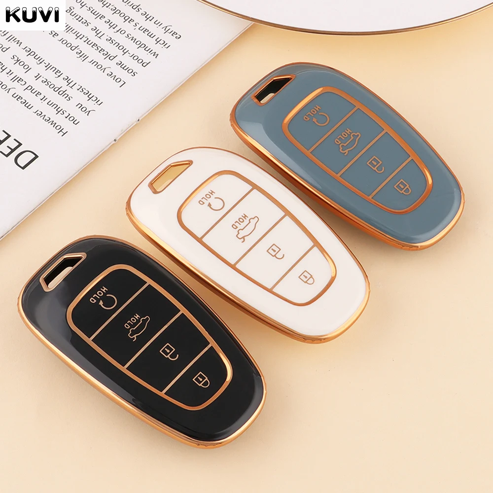 Plating TPU Luxury Car Remote Key Case Cover Shell Fob For Hyundai Santa Fe Tucson 2022 NEXO NX4 Atos Solaris Prime2021 4 Button