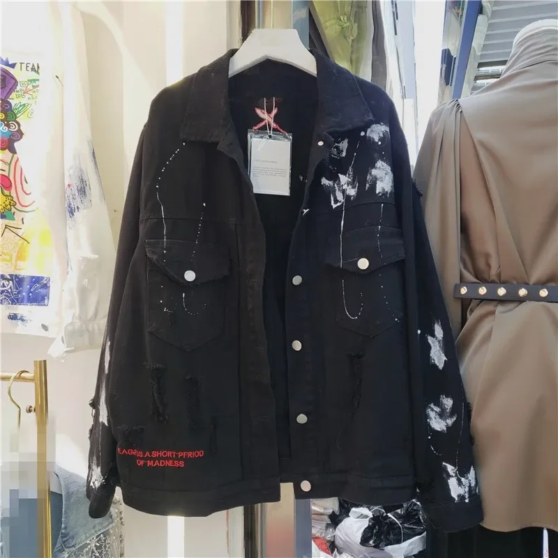 Fashion Black White Denim Jacket Women Loose Short Print Embroidery Cowboy Outerwear Korean Holes Big Pocket Jeans Jacket Female - Image 2