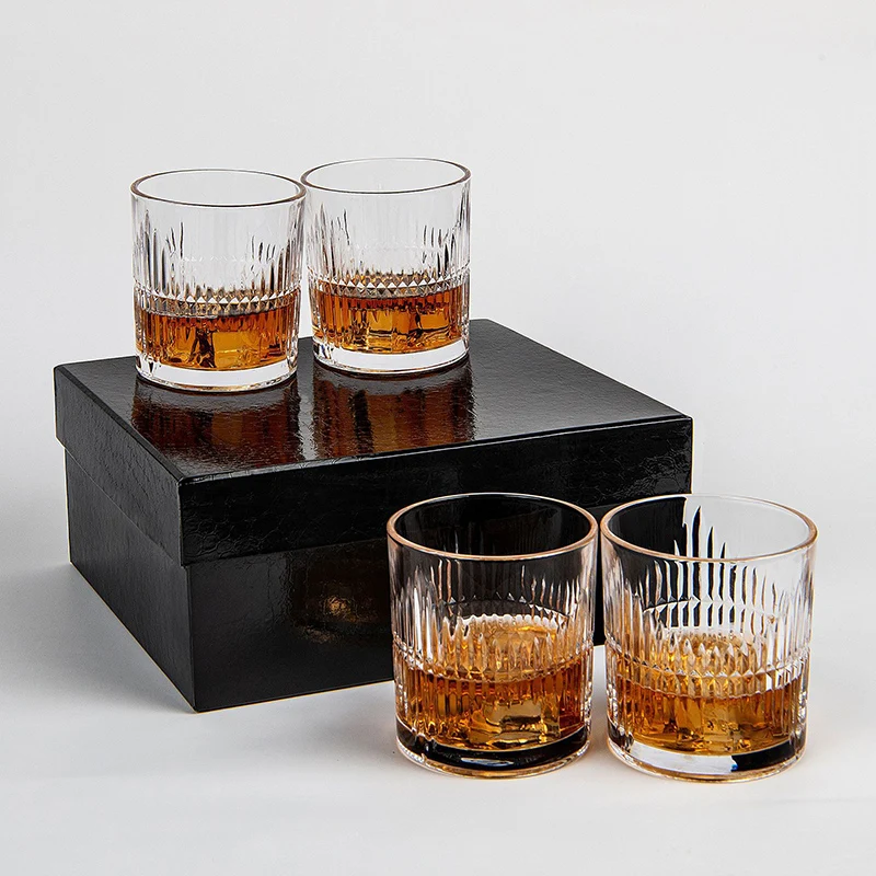 4pcs Set Wine Glass European-style Whisky Glass Cup Vertical Pattern Brandy Vodka Mugs Juice Coffee Cups Transparent Household