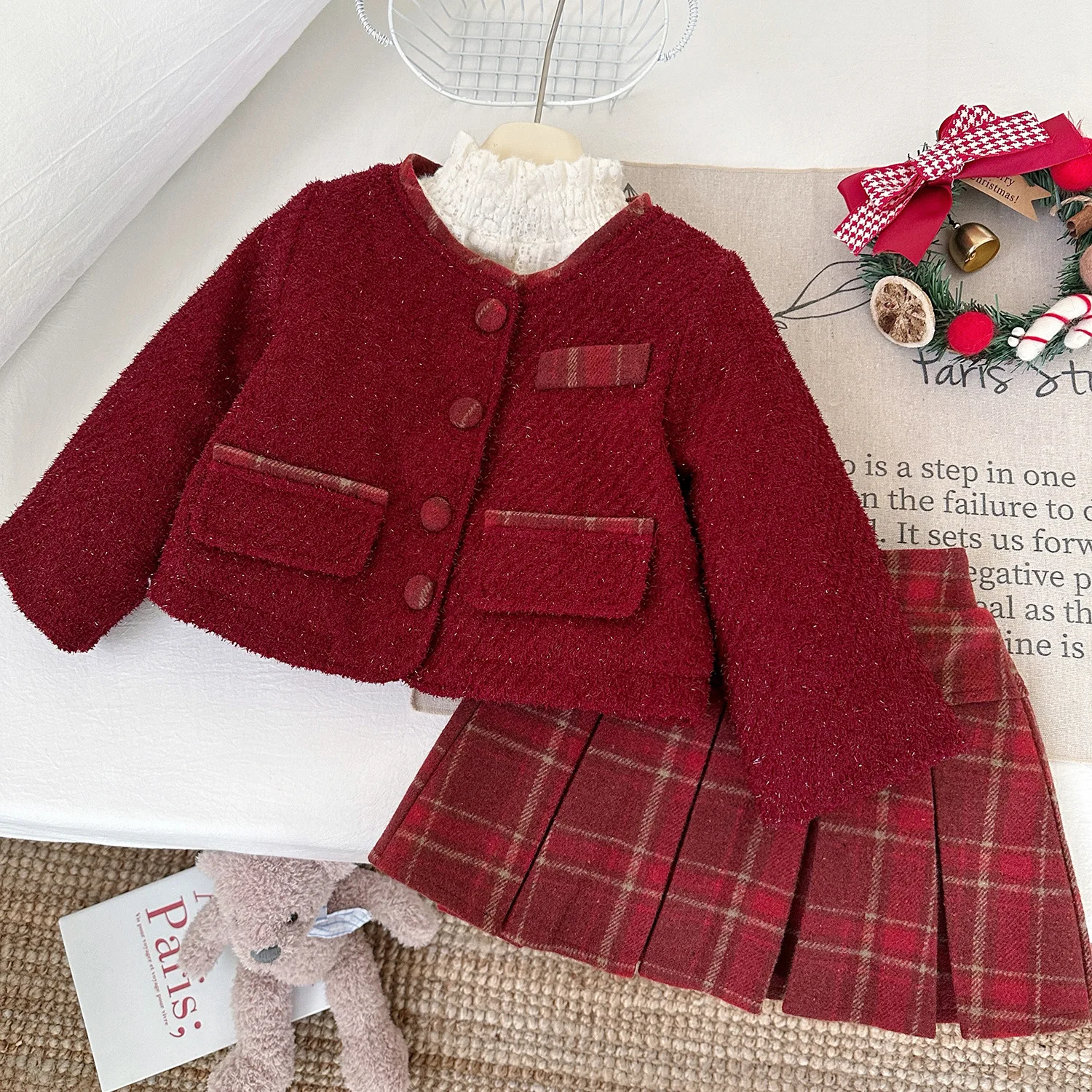 

Girls Thick Clothes Sets Winter Children Woolen Velvet Coats Skirts 2pcs Party Dress Suit For Baby Warm Outfits Kids Costume 7Y