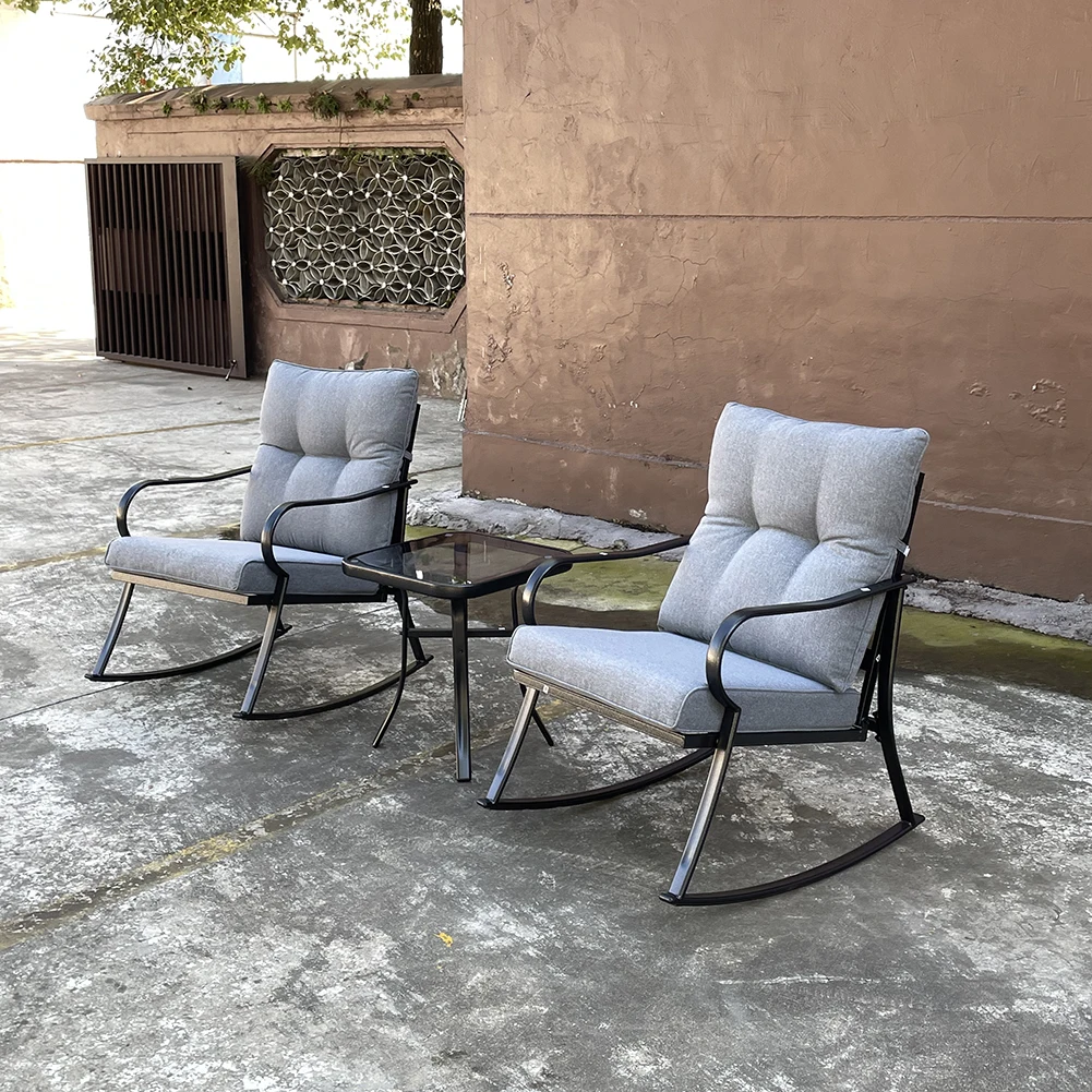 Outdoor 3-Piece Rocking Teapoy Set Bistro Table Chairs Upholstered Rocker Armchair For Outdoor Patio Backyard Porch