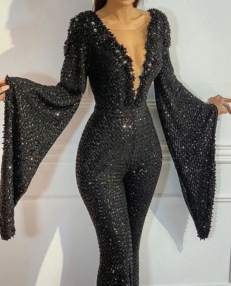 New Women Jumpsuit Sequin Elegant Casual Women\'s V-neck Bat-sleeved Top Black Solid Straight Fashion Long Jumpsuits