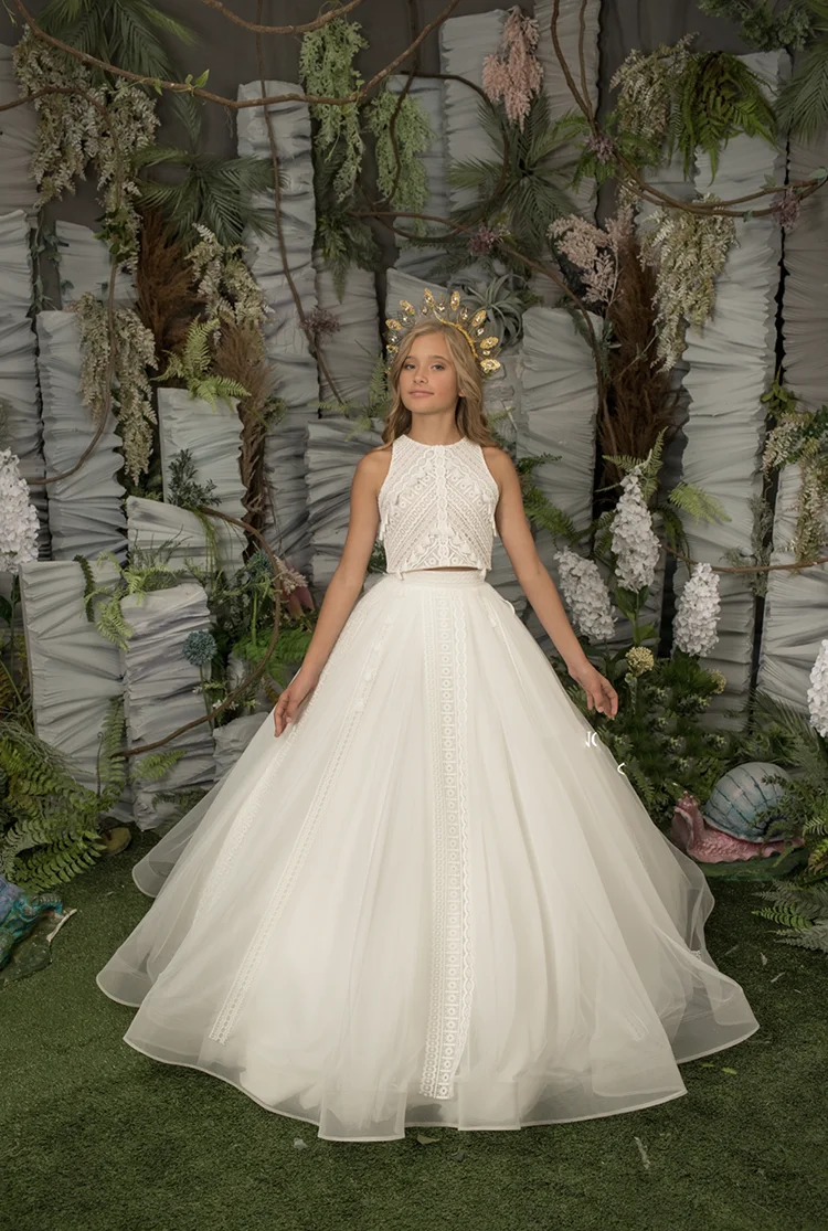 Elegante abito da ragazza di fiori per matrimonio Tulle senza maniche Appliquee pizzo 2 pezzi principessa bambino primo vestito da festa di compleanno eucaristico