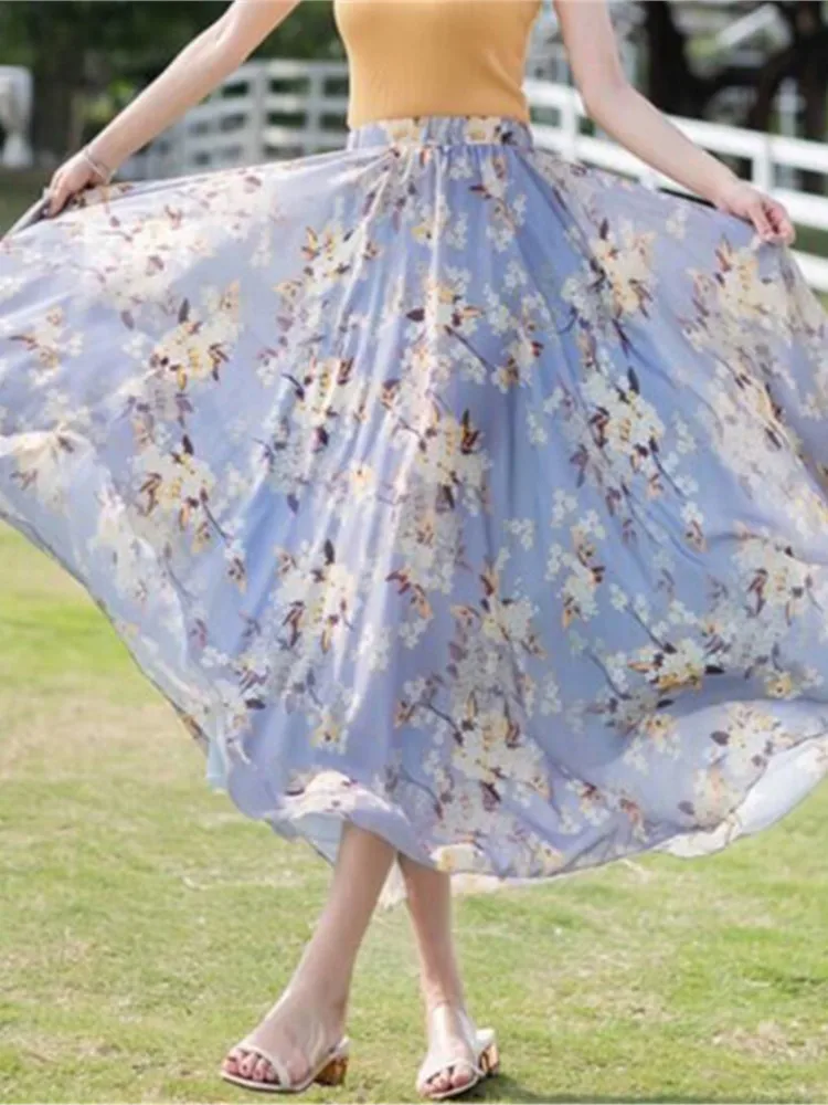 جديد التنانير الأنيقة للنساء الربيع الصيف الشيفون نصف الجسم تنورة سحق زهرة عطلة نمط المرأة الشاطئ مطوي تنورة #3