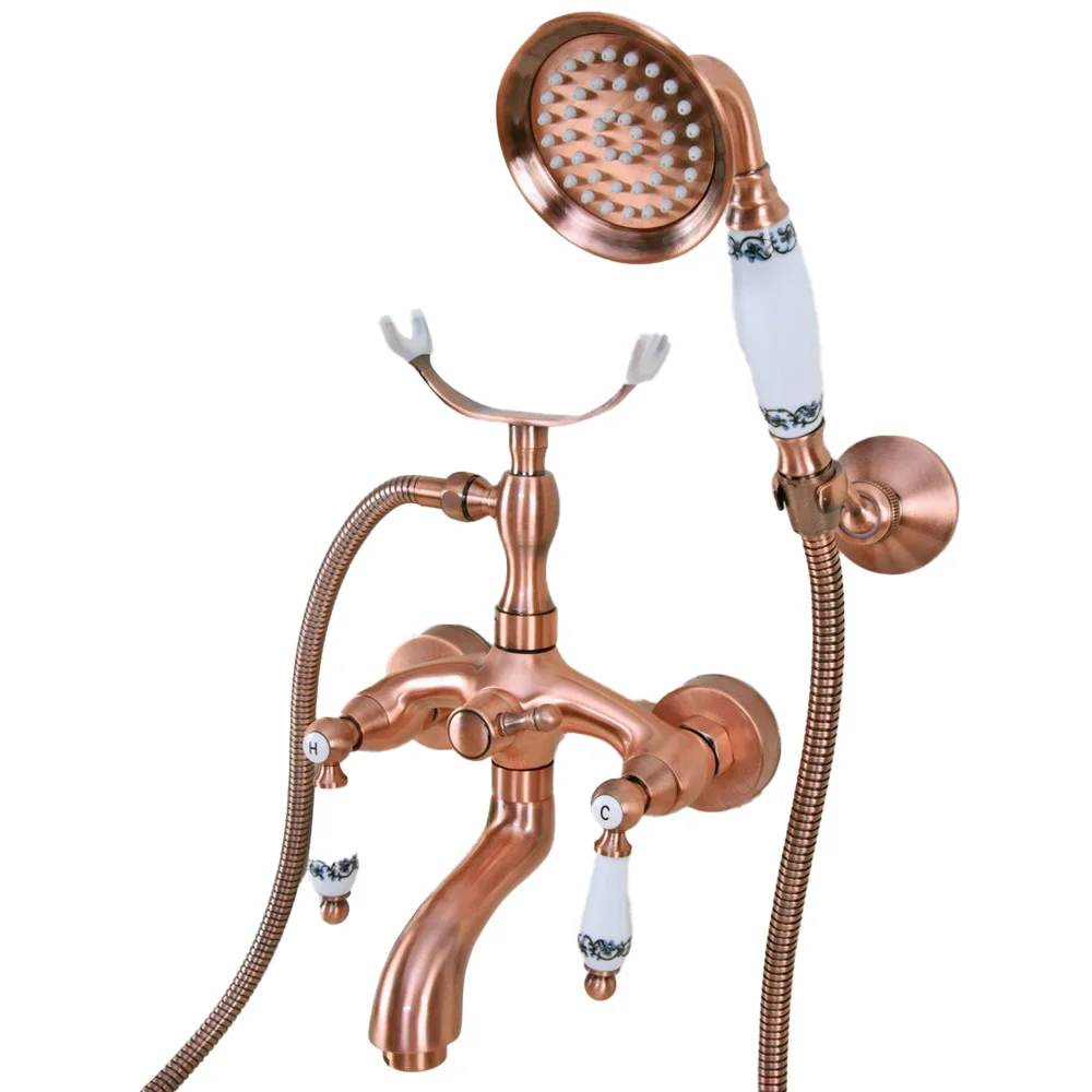 

Wall Mounted Antique Red Copper Clawfoot Bathtub Faucet telephone style Bath Shower Water Mixer tap with Handshower tna366