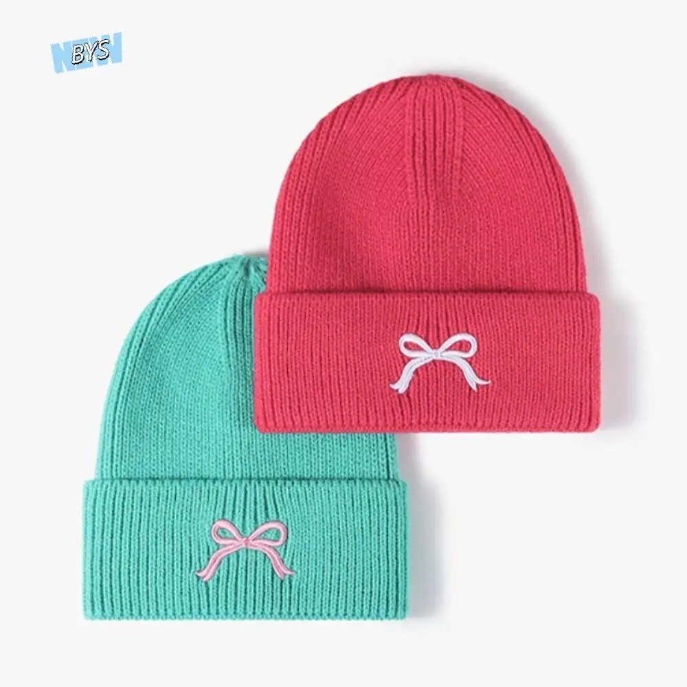 

New Design Girls Bow Knitted Hat Korean Style Soft Warm Y2K Beanie Hats Casual High Quality Bow Embroidery Knitted Hat Lady