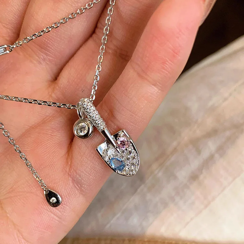Creative Glossy silver 925 Inlaid Gradient Pink Blue Diamond Necklace Exquisite Shovel collar chain Wedding Fine Jewelry Gifts