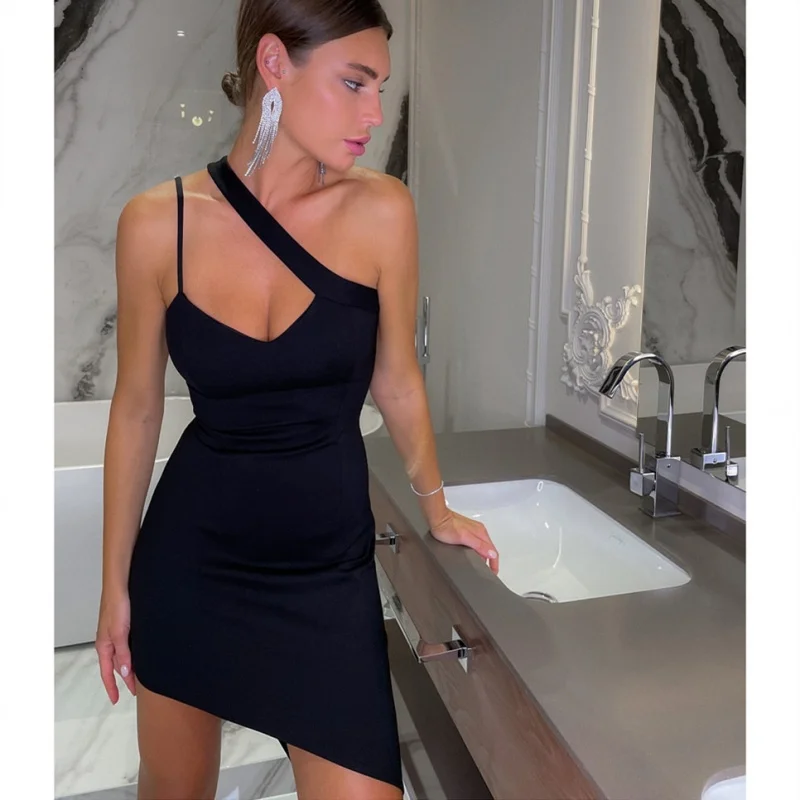 

Hot Sexy Hot shoulder sleepveless low-cut black dress ladies fashion party dinner dress