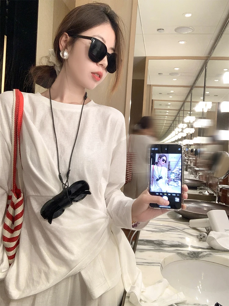 

Xiao Salt White Асимметричная тонкая длинная футболка Све Женская ранняя осень Свободный ленивый топ накидка Корейский Sle Commute Wind