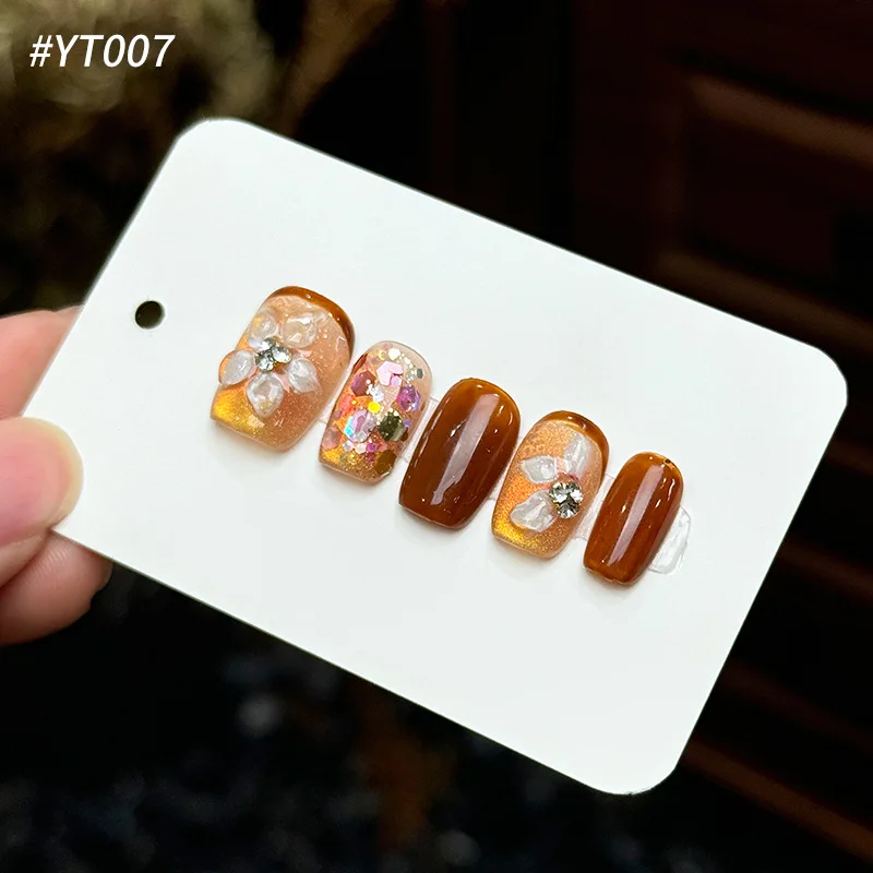 10 Uds. De uñas postizas hechas a mano para otoño e invierno, uñas postizas con miel de girasol y caramelo para mujeres y niñas, uñas postizas usables extraíbles