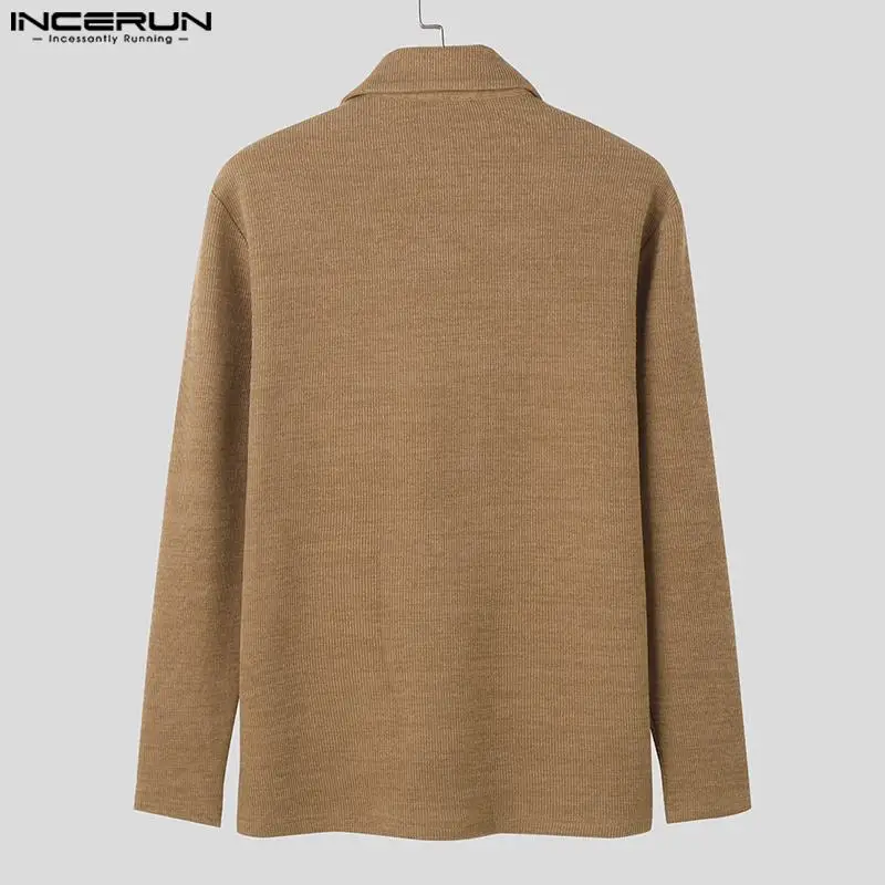 INCERUN Men Shirt Solid Color Lapel Long Sleeve Knitted Autumn 2024 Casual Men Clothing Streetwear Korean Fashion Male Shirts