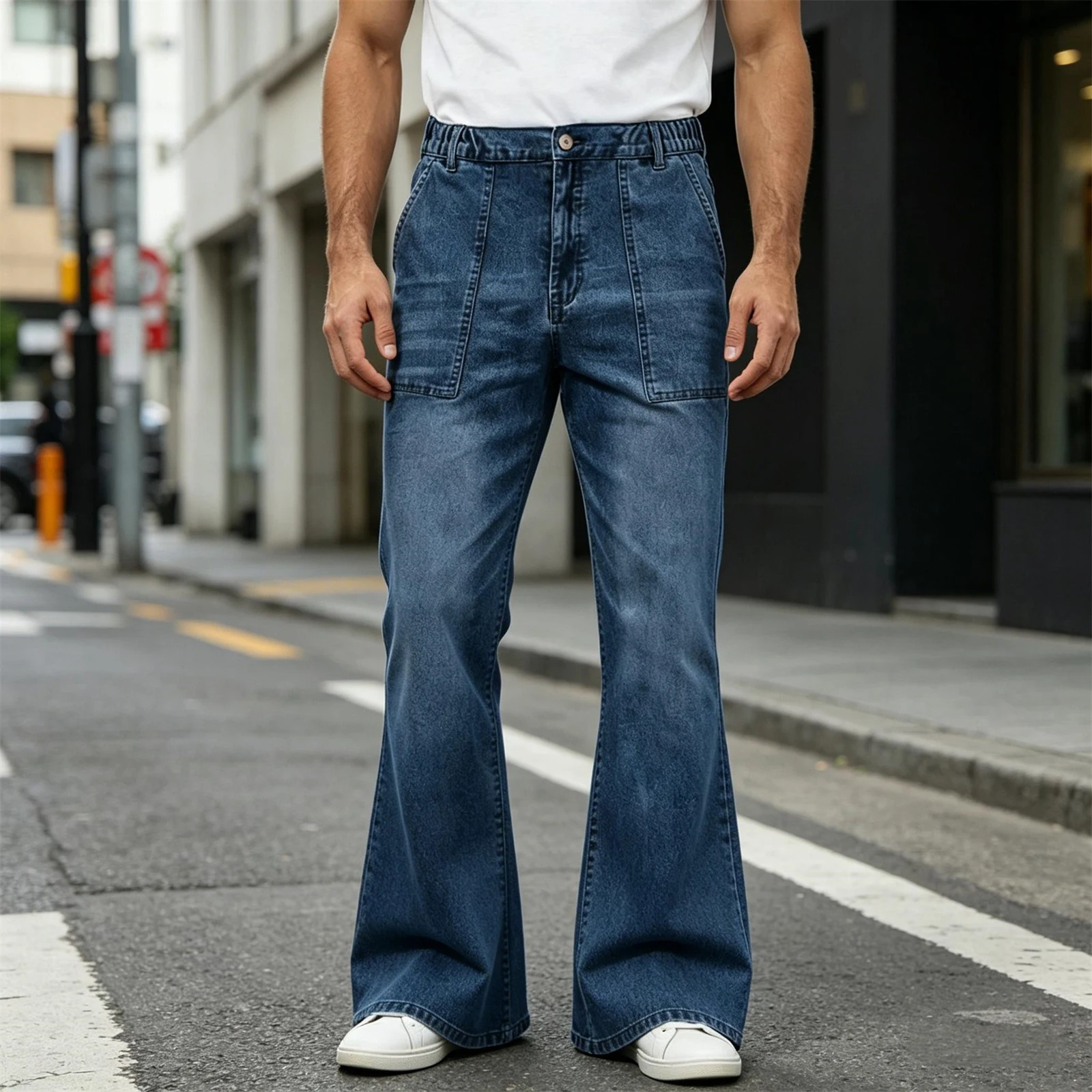 Men's Y2k Vintage Denim Flare Long Pants Fashionable Casual Solid Color Elastic Waist Bell Bottom Jeans with Front Pockets