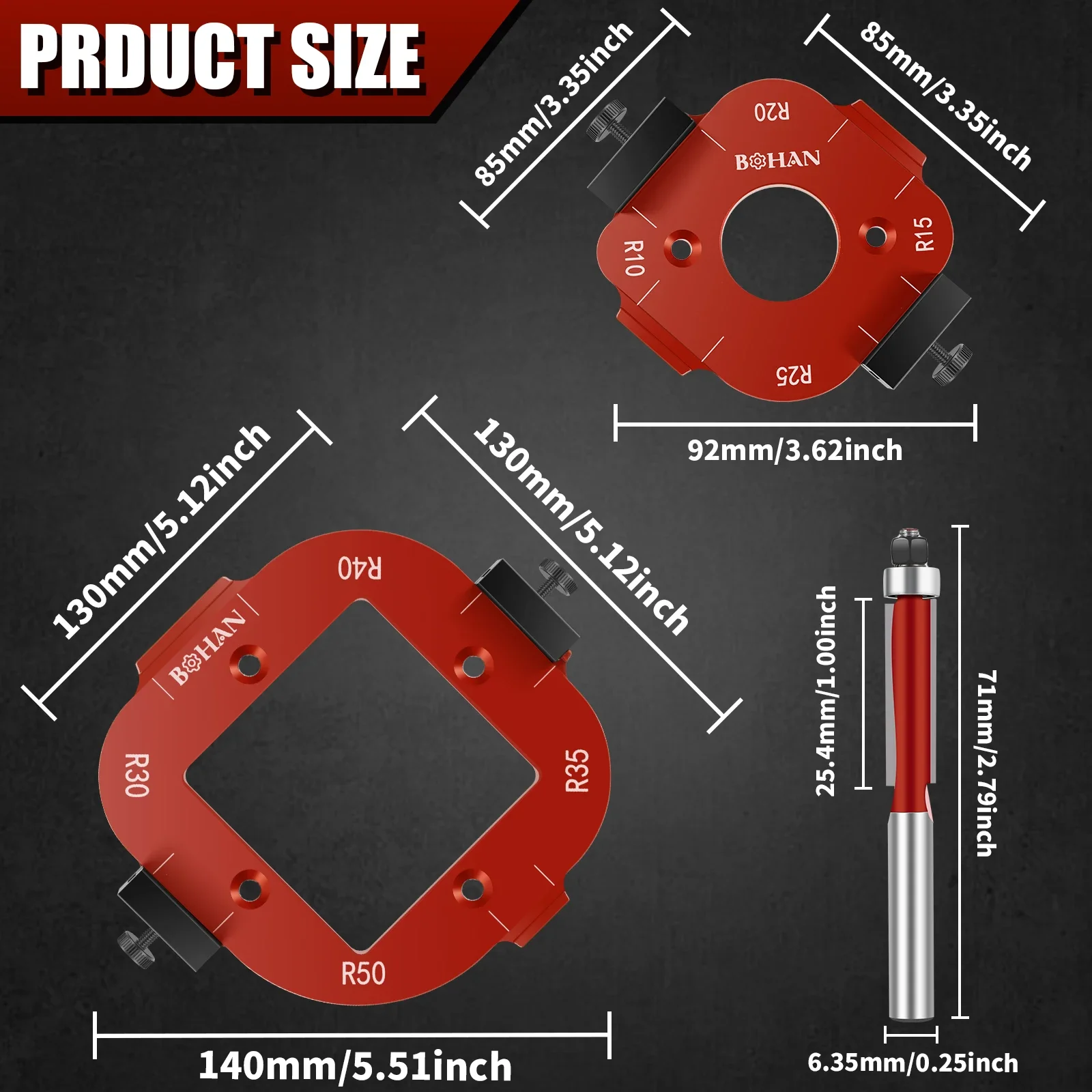 2 قطعة آلة التشذيب قطع فيليه قالب R10 إلى R40 R-زاوية قوس قالب سبائك الألومنيوم راوتر الزاوية نصف القطر