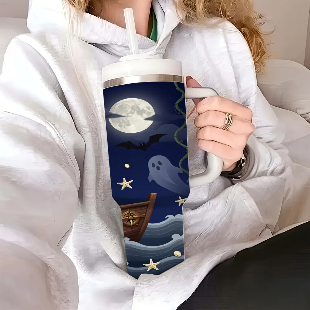 1ps Halloween and Christmas 40oz Insulated Tumbler with Handle and Straw, Spooky Pirate Skull Full Moon Bat Nautical Print Water Cup, for Home Office Outdoor Travel Car Coffee Drinkware