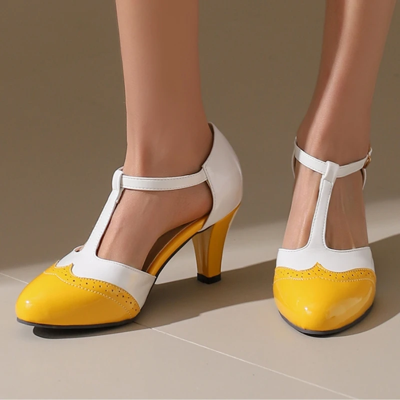 

Женские туфли-лодочки на высоком каблуке с Т-образным ремешком, сандалии, летняя обувь D'Orsay, черная, желтая, свадебная обувь на каблуке, женская обувь, большой размер 45,