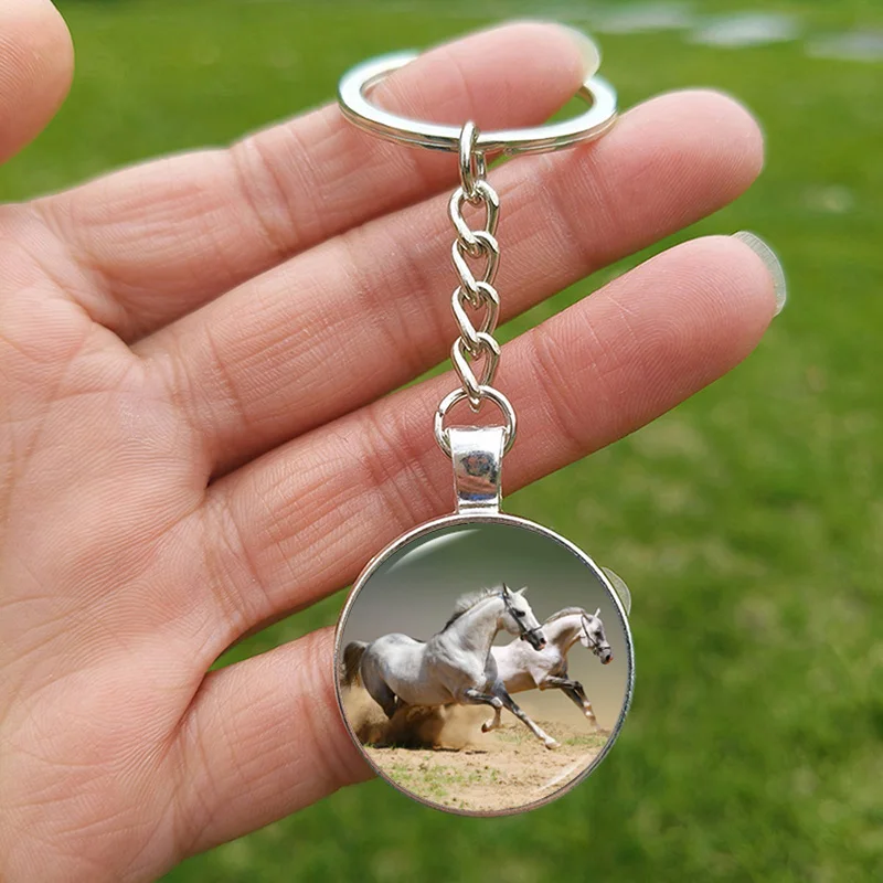 New Horse Keychain for Men Women Horses Glass Picture Handmade Silver Plated Keyring Animal Jewelry