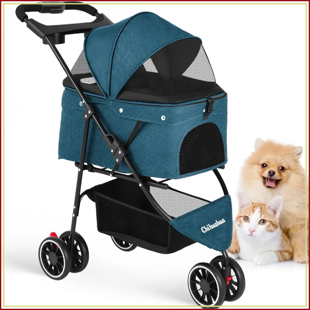 3-Wheel Pet Stroller for Small to Medium Dogs & Cats, Foldable with Mesh Canopy & Cup Holders, Easy Assembly
