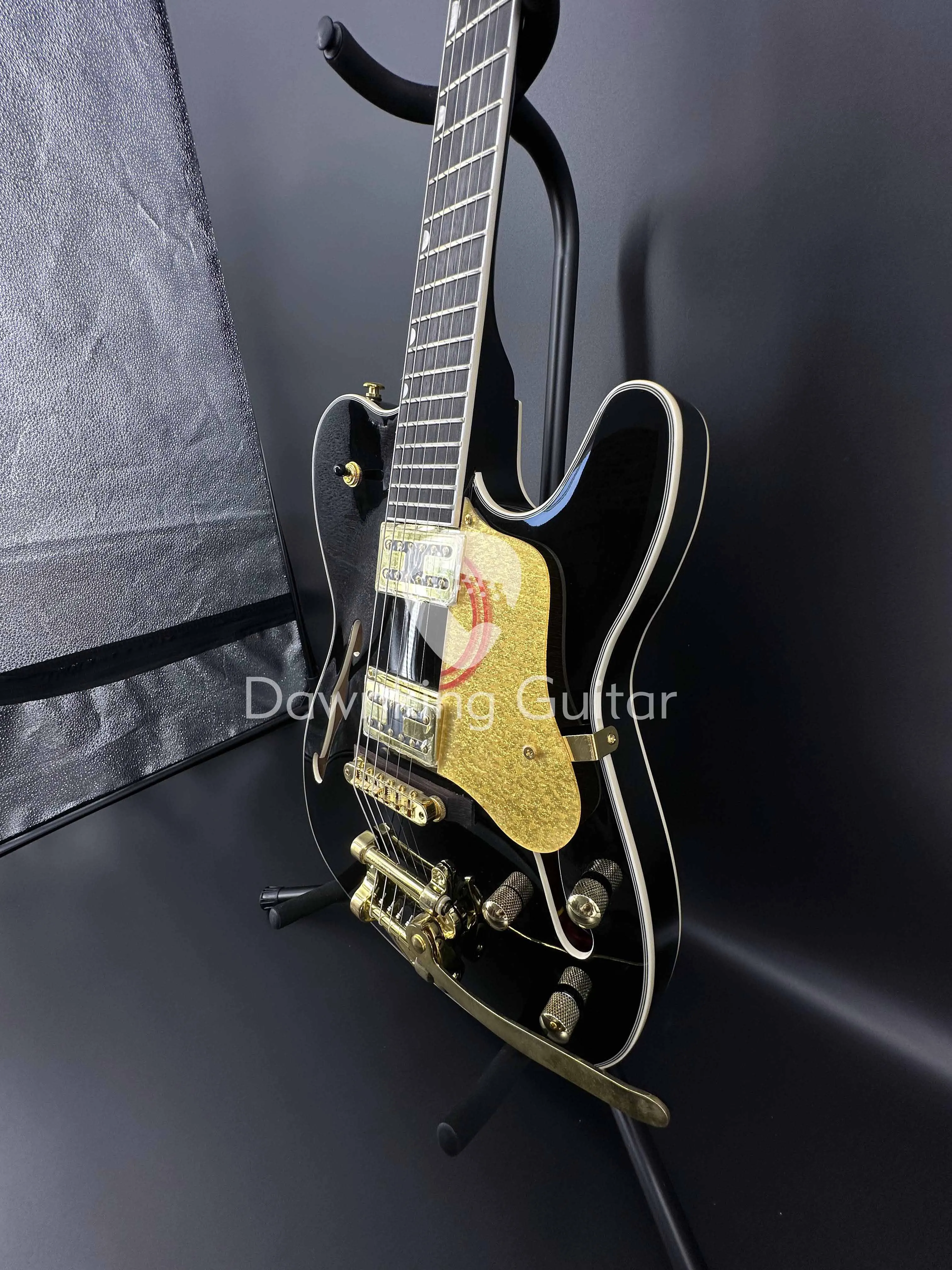 Electric custom guitar 6 strings black body, half hollow, gold accessories spot free delivery free shipping