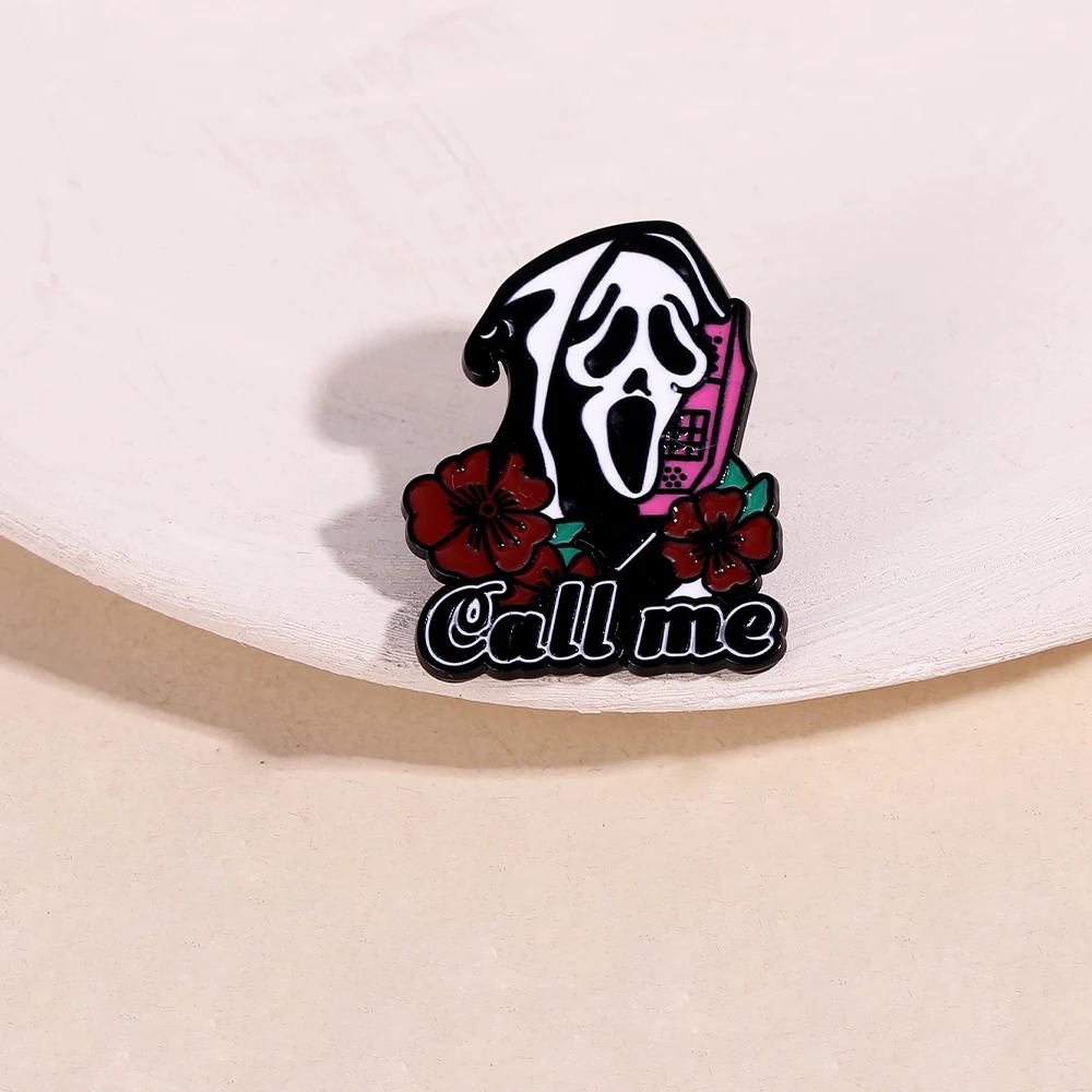 Personality Death Call Me Enamel Brooches Pretty Ghost Skull Flower Letter Design Collar Pins With Free Shipping
