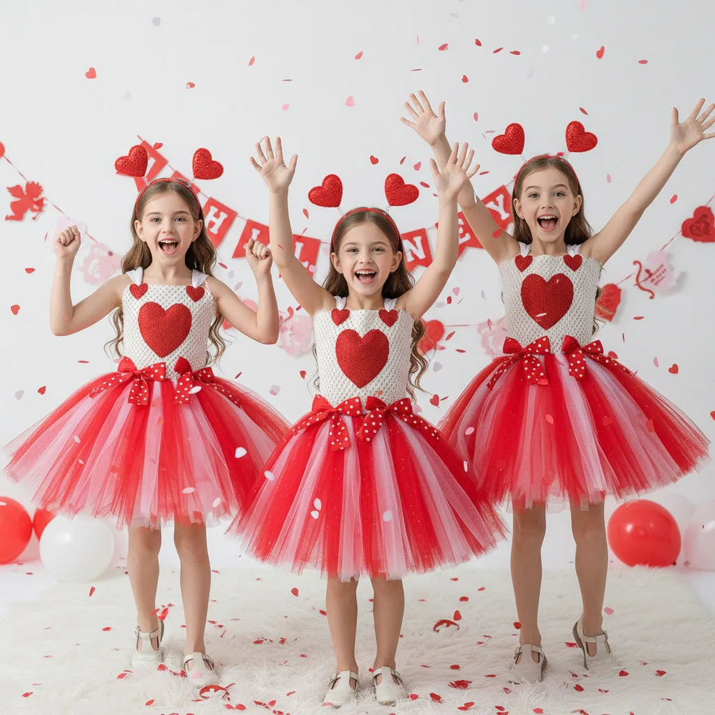 Girls Red White Heart Tutu Dress Kids Valentine Costume with Red Heart Headband Big Bow for Birthday Party Dress Holiday Outfit