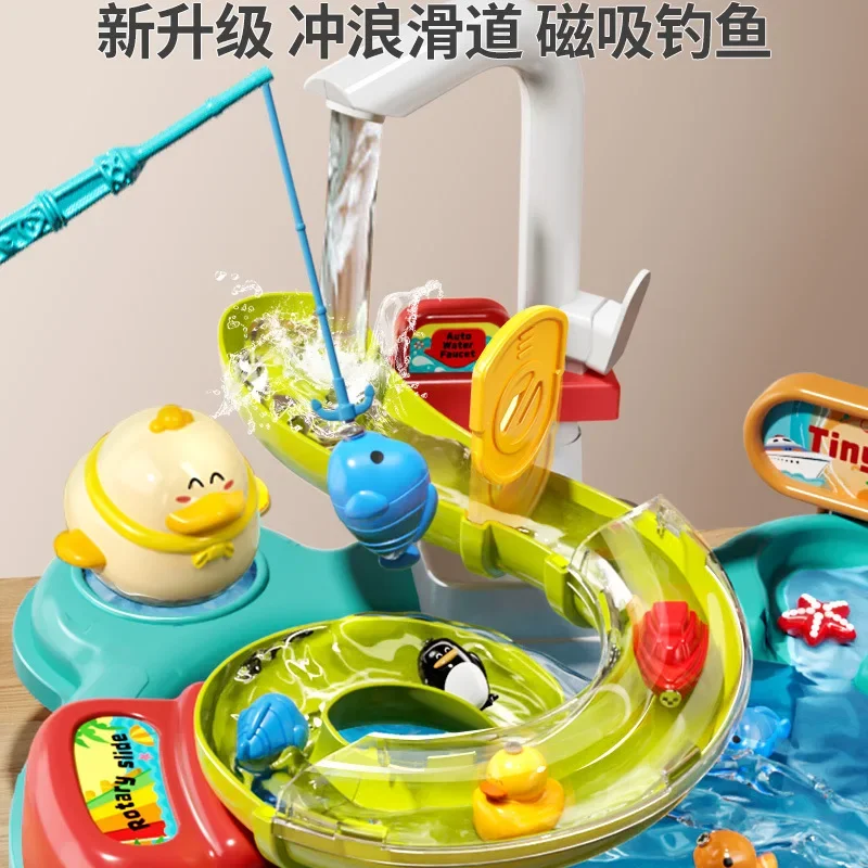 Mainan Pura-pura Bermain Puzzle Anak-anak Mainan Baskom Pencuci Piring Hadiah Mainan Interaktif Dapur 2-In-1 Slide Memancing Montessori