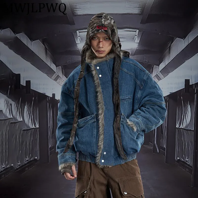 

MWJLPWQ Men's Denim Furry Patchwork Cotton Padded High Street Large Pocket Design Thickened Casual Loose Jacket Winter 13058