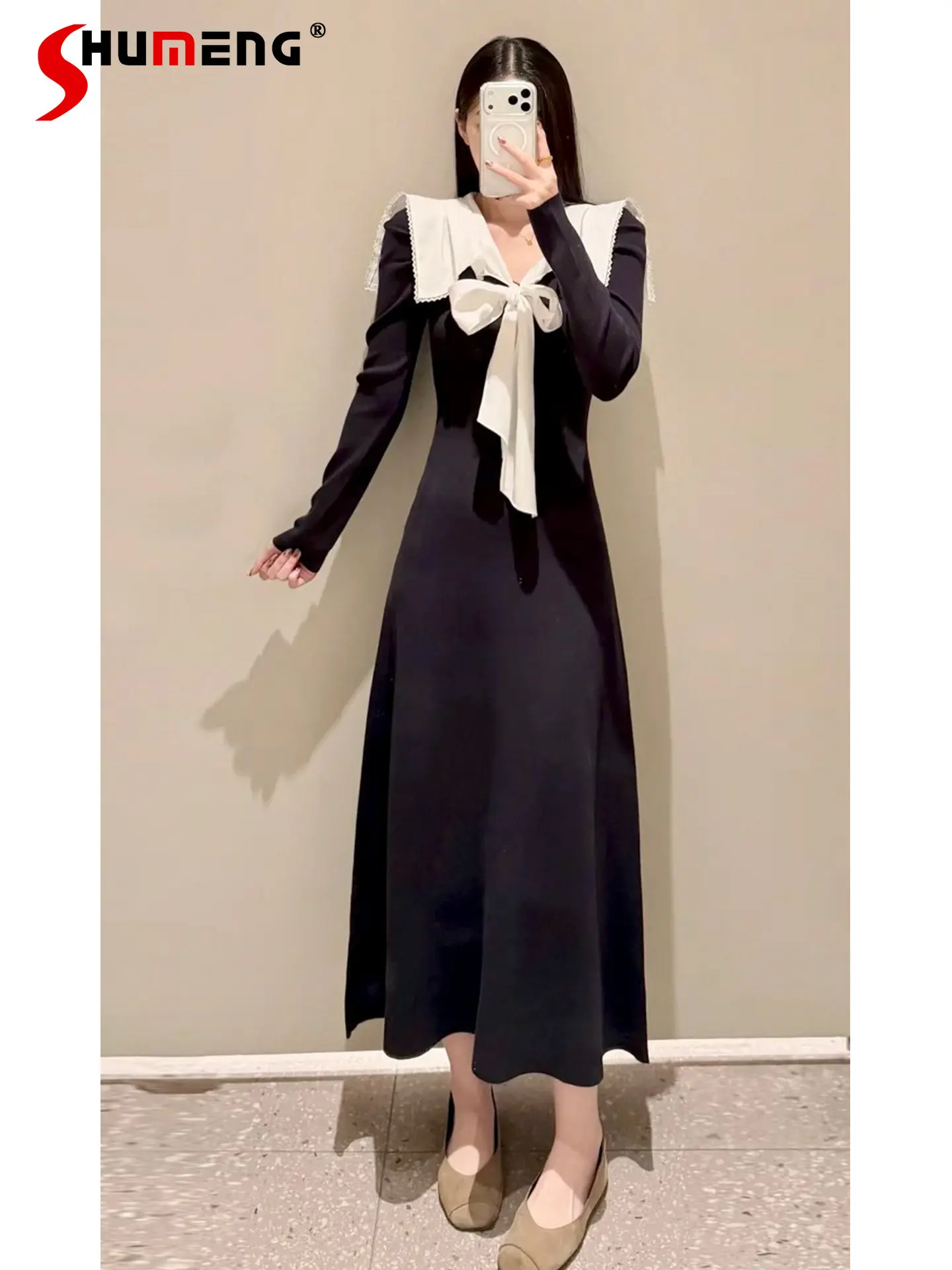 

Japanese Style Elegant Fashion Navy Collar Lace-up Bow Long Sleeve High Waist A-line Knitted Long Dress for Women Spring 2026
