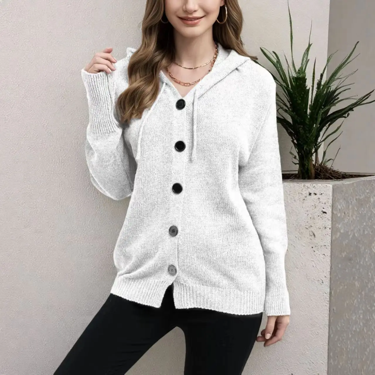 

2025 New Single-Breasted Hooded Cardigan Cross-Border Women's Autumn Winter V-Neck Solid Color Knitted Sweater