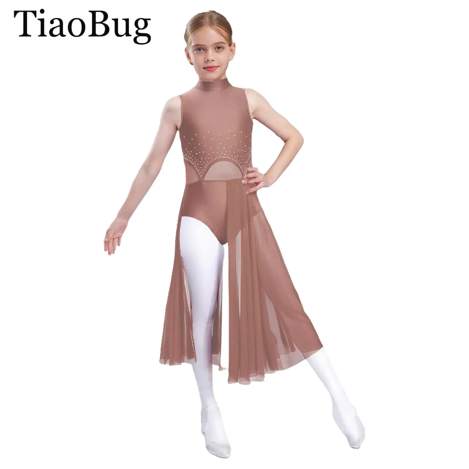 الفتيات فستان رقص غنائي الراين الباليه فستان معاصر بلا أكمام بقماش شفاف سبليت الجمباز الشكل التزلج ازياء #1