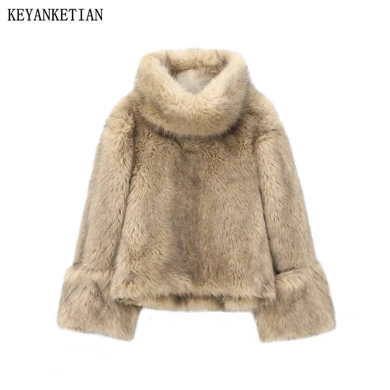 KEYANKETIAN Winter New Women's Faux Fur Short Jacket Pullover Street style High Neck Loose Luxury Thick Warm Greatcoat Blazer