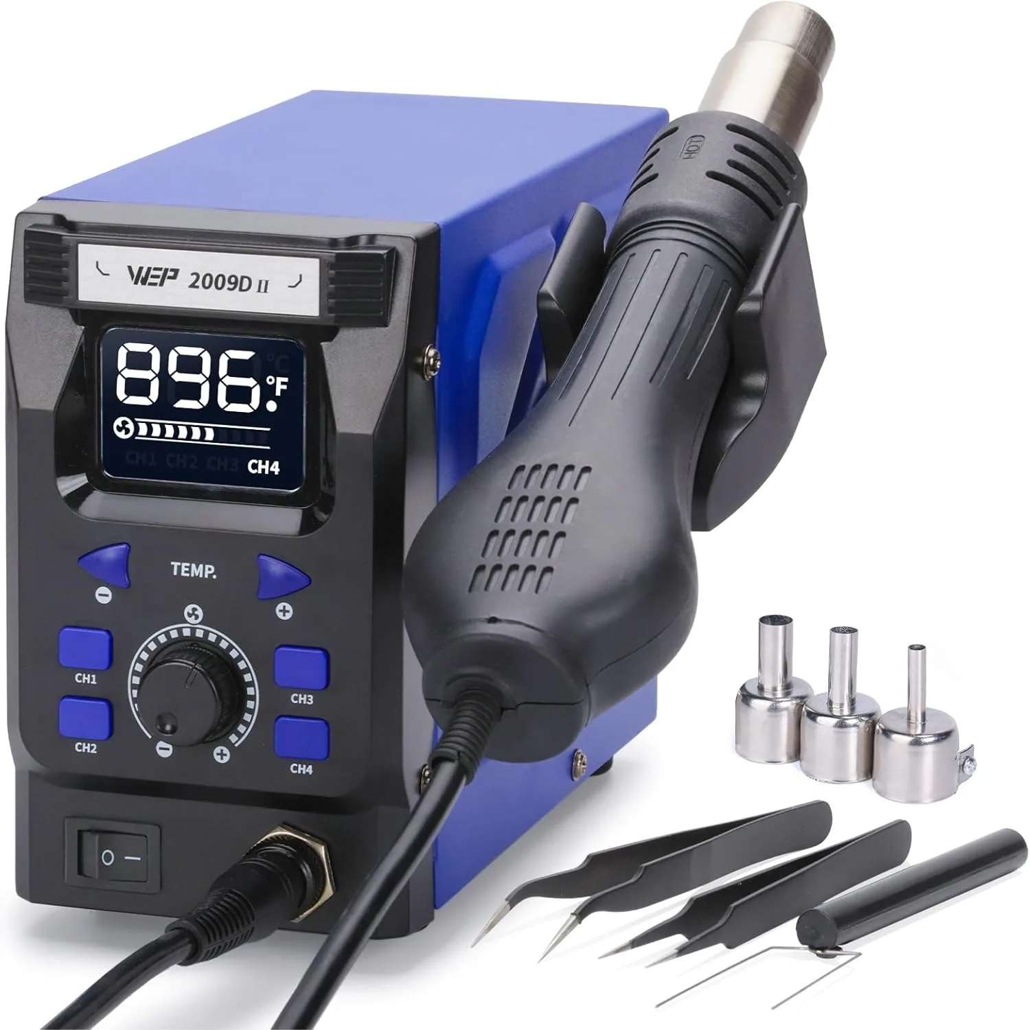 

Hot Air Soldering Station with Detachable Heat Gun, 4 Preset Channels, Digital LED Display, 212-896°F
