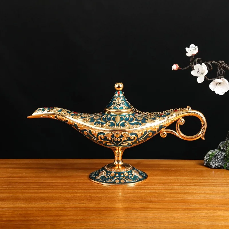 SHINNYGIFTS  Hand Painted  Enamel Vintage Aladdin Magic Genie Lamp for Home Tabletop Decor Halloween Christmas Gift