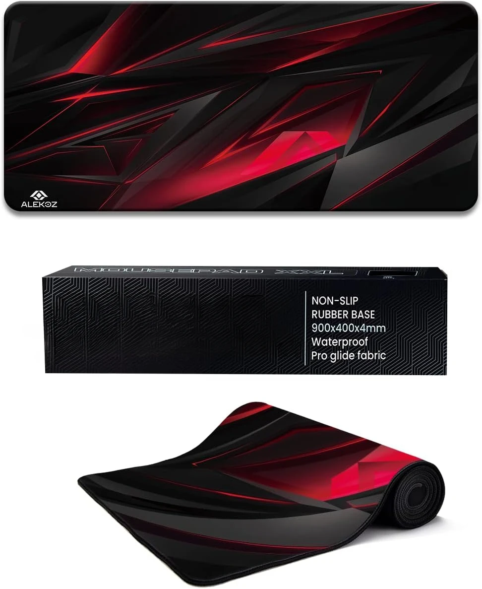 Dark Red Abstract Art Gaming Mouse Pad Gaming Mousepad with Stitched Edges Rubber Base 35.4x15.7 inch for Gaming Office Computer