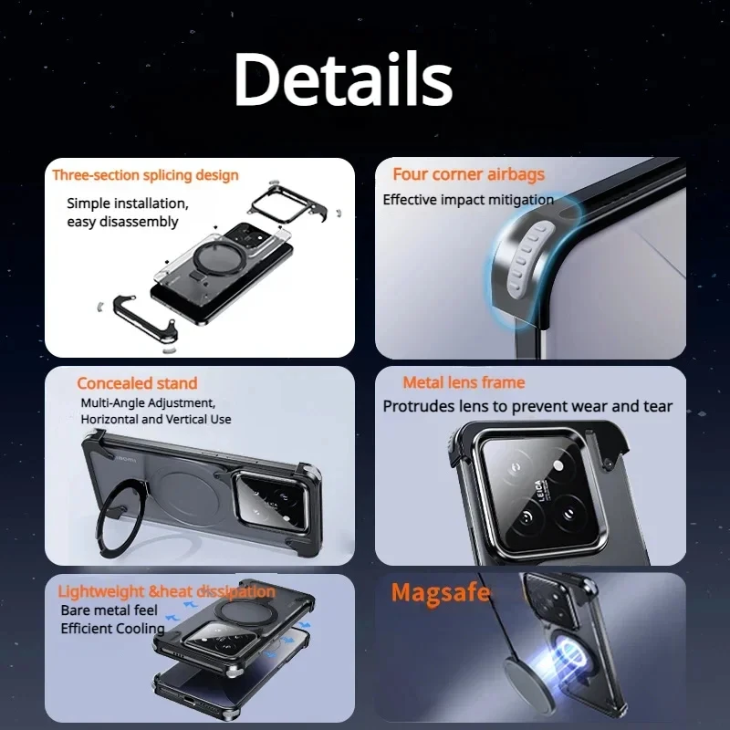 Aluminum Alloy Metal Magnetic Frameless Phone Case Magsafe Bumper with Stand For Xiaomi 14 Xiaomi 14 Pro Frameless Phone Case