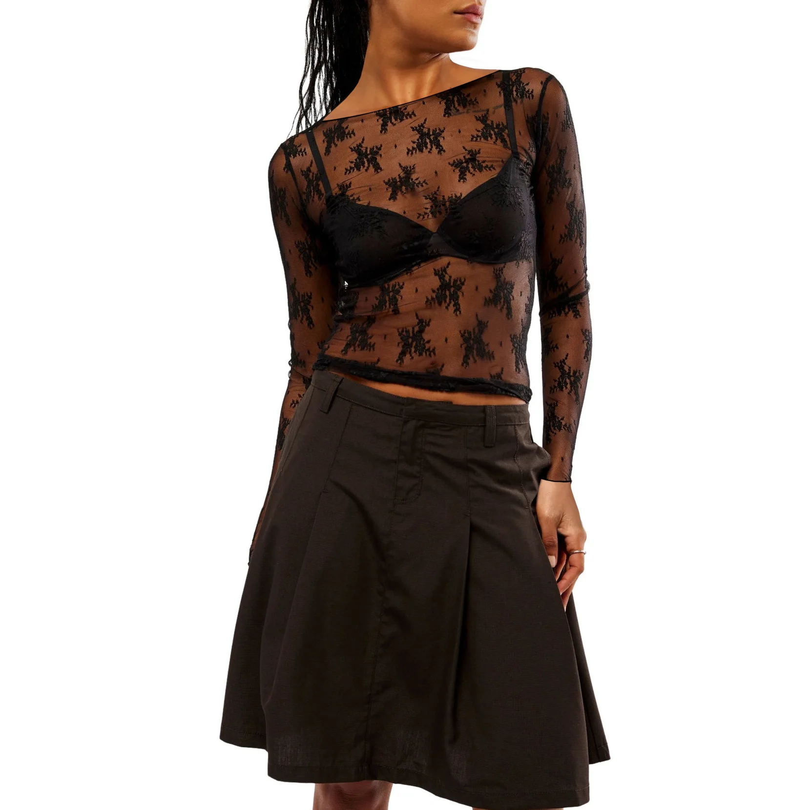 كلمة واحدة الكتف مثير منظور شبكة الدانتيل قاع قميص سليم المناسب بأكمام طويلة التوابل الفتيات تي شيرت شعبية SU40282025 ne #2