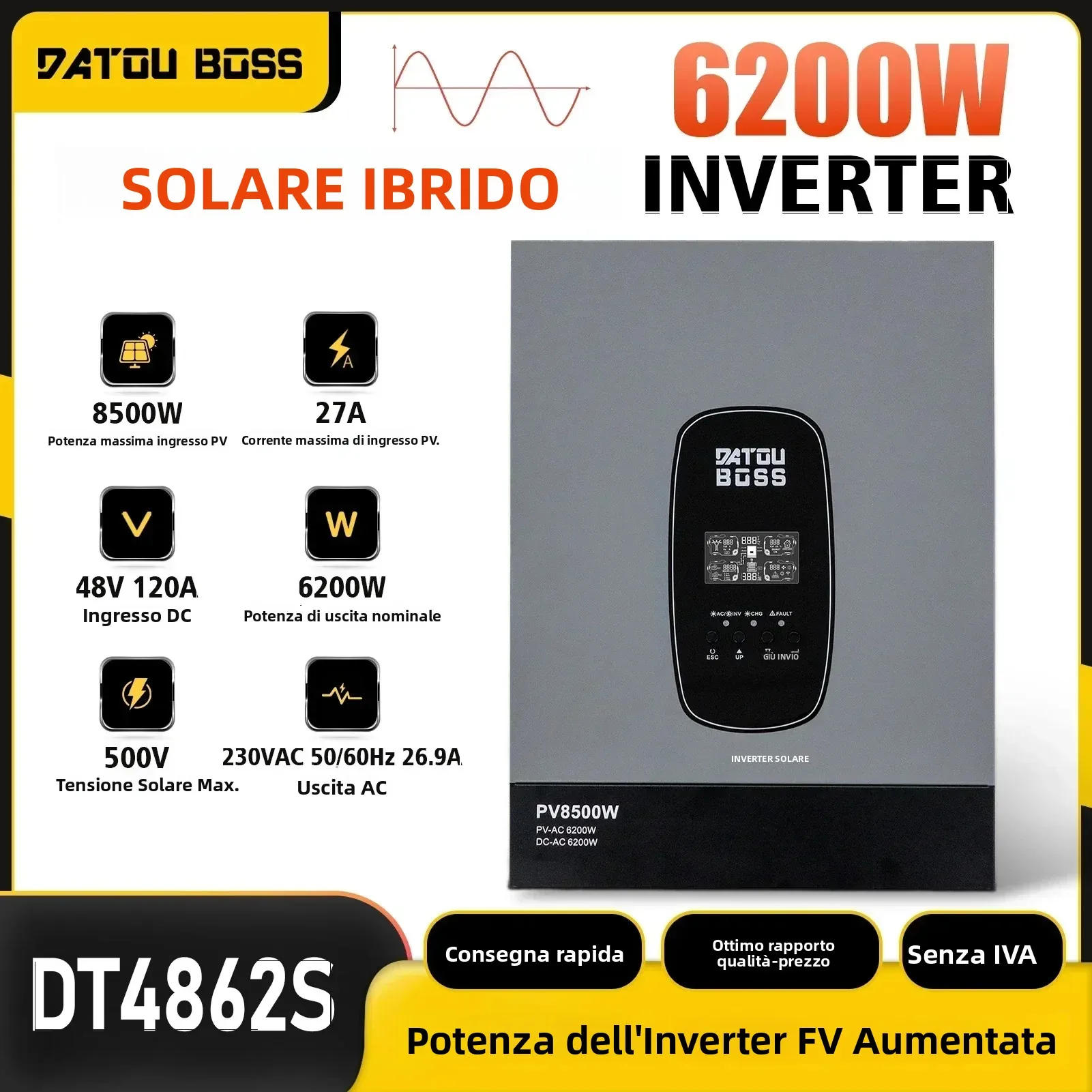 Inverter Solare Datouboss 6200W 48V, Ingresso PV 8500W, Controllore MPPT 120A, 230Vac Onda Sinusoidale Pura, Inverter Off-Grid