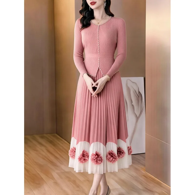 Miyake Pleated 2026 Color-Block 3D Flower Dress Round Neck Beaded Long Sleeve Waist-Cinched Fake Two-Piece Over-the-Knee Dress