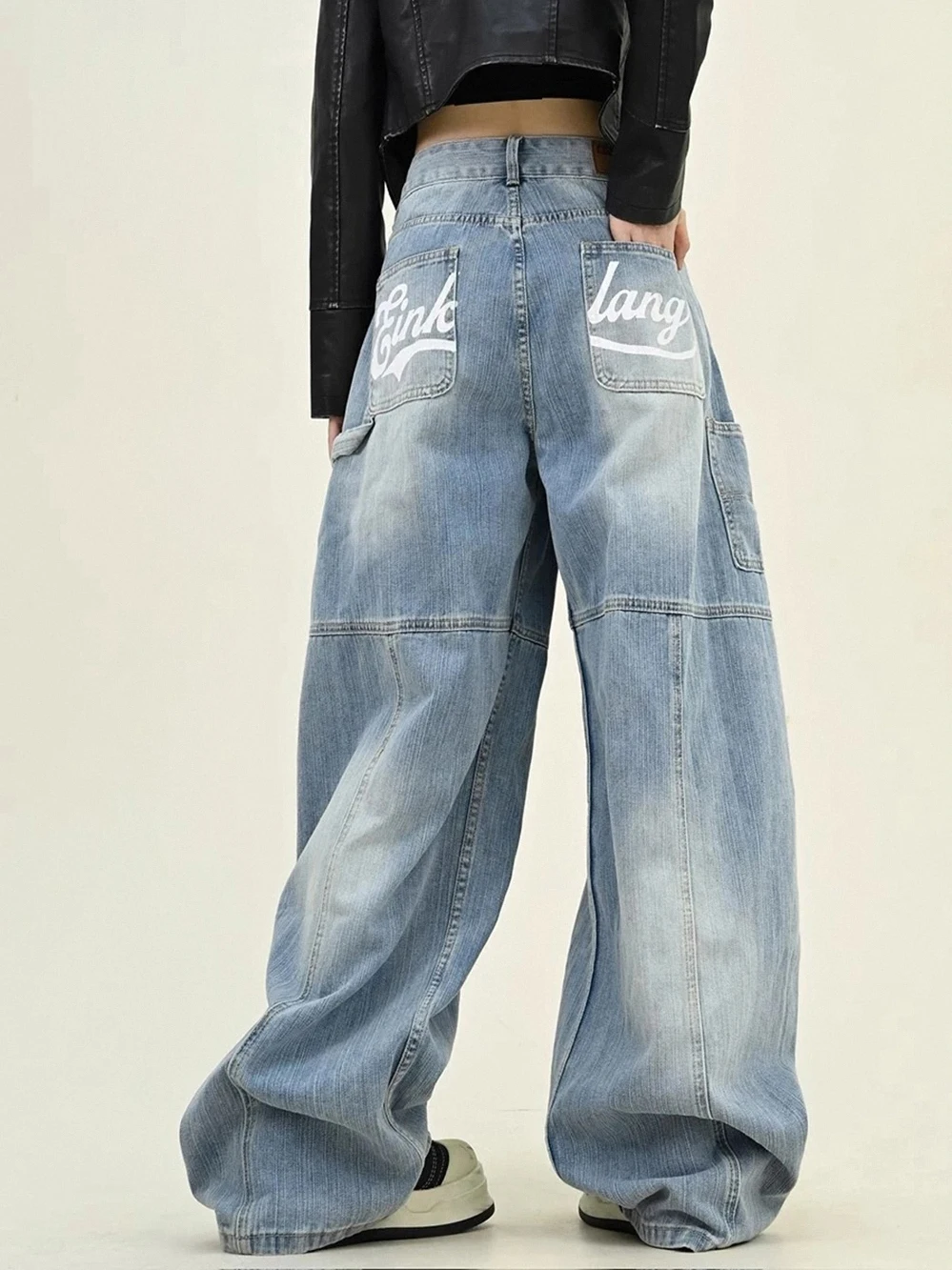 

Повседневные винтажные изогнутые джинсовые брюки с американским буквенным принтом, женские осенние свободные широкие брюки с высокой талией, уличная одежда в стиле хип-хоп, джинсы